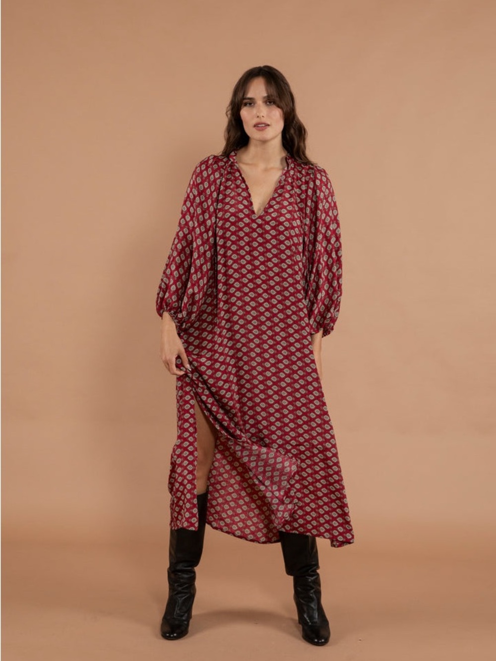NWT RAGA Rahi Long Sleeve Maxi Dress Burgundy Boho Print S
